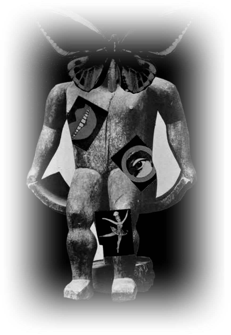 The Camphyre figure: a weathered stone body with a black butterfly for a head